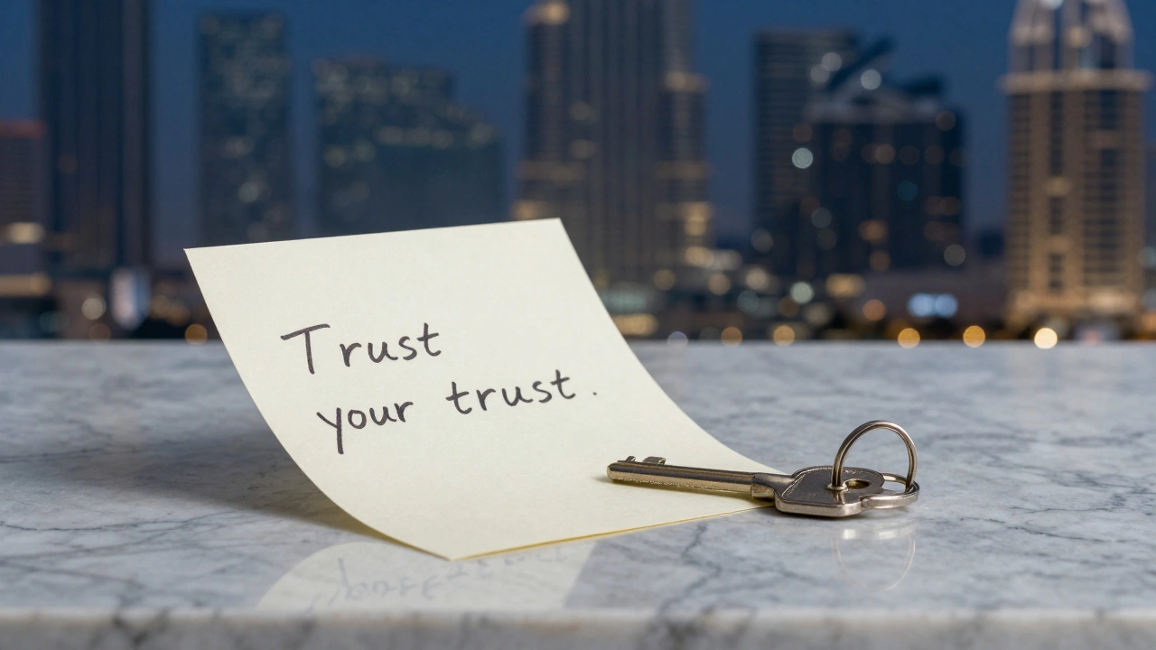 A key and note on marble, symbolizing trust and quiet connection in Dubai&#039;s hidden world.
