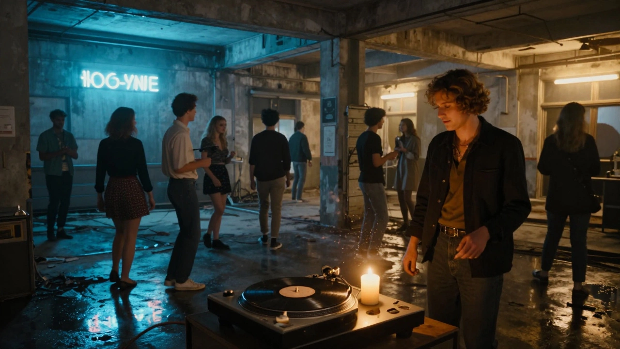 An underground warehouse party in Lyon blends 1960s French pop with modern house, neon lights reflecting on wet floors.