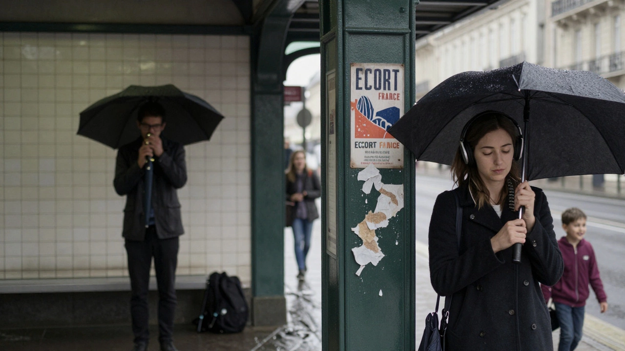 Rain falls at a quiet Bordeaux metro station as a busker plays harmonica, a listener with headphones stands still in dawn light.