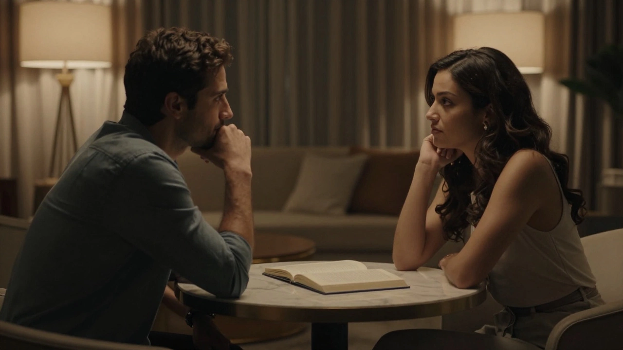 Two people sharing a silent, thoughtful moment in a private lounge, no words needed.